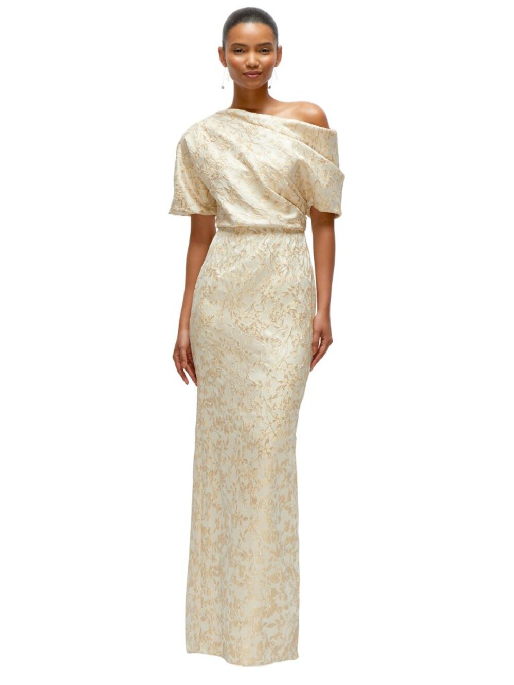 Dessy Long Champagne Brocade Mothers Formal Evening Dress Floral with Sleeves